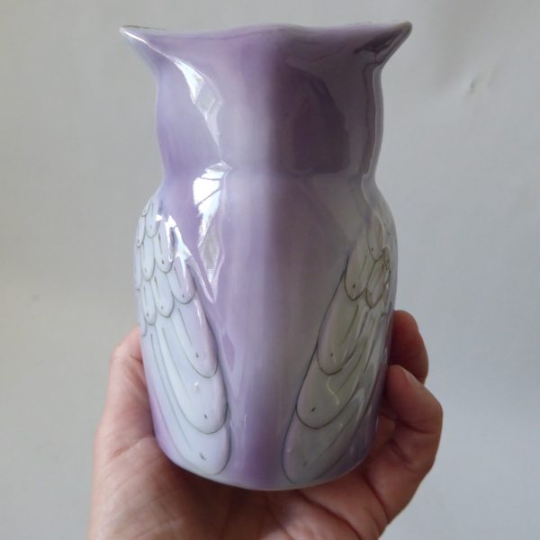 Vintage ceramic owl figurine money box, clay china porcelain, mauve + moss green - Image 11