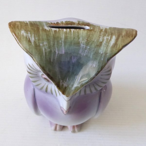 Vintage ceramic owl figurine money box, clay china porcelain, mauve + moss green - Image 12