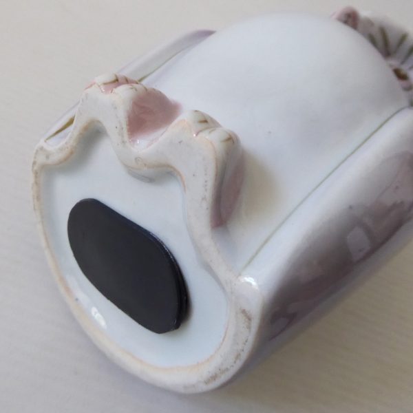Vintage ceramic owl figurine money box, clay china porcelain, mauve + moss green - Image 13