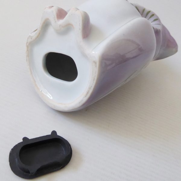 Vintage ceramic owl figurine money box, clay china porcelain, mauve + moss green - Image 14