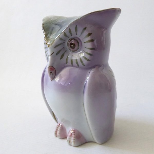 Vintage ceramic owl figurine money box, clay china porcelain, mauve + moss green - Image 3