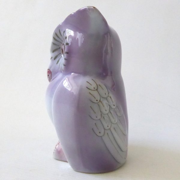 Vintage ceramic owl figurine money box, clay china porcelain, mauve + moss green - Image 4