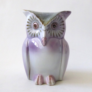 Vintage ceramic owl figurine money box, clay china porcelain, mauve + moss green