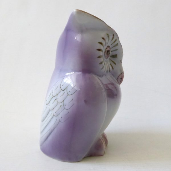 Vintage ceramic owl figurine money box, clay china porcelain, mauve + moss green - Image 6