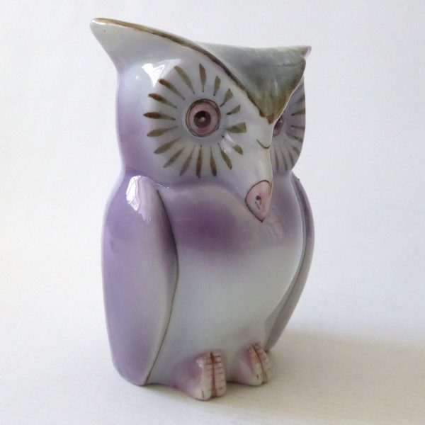 Vintage ceramic owl figurine money box, clay china porcelain, mauve + moss green - Image 7