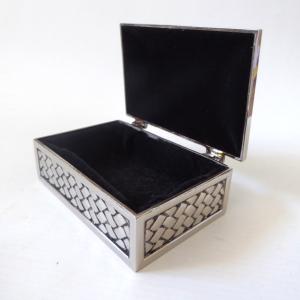Vintage jewellery box, silver plated metal woven container, black velvet lined