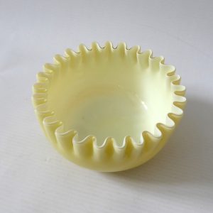 Vintage scalloped ruffle rim art glass  bowl Pale yellow cased white crystal MCM