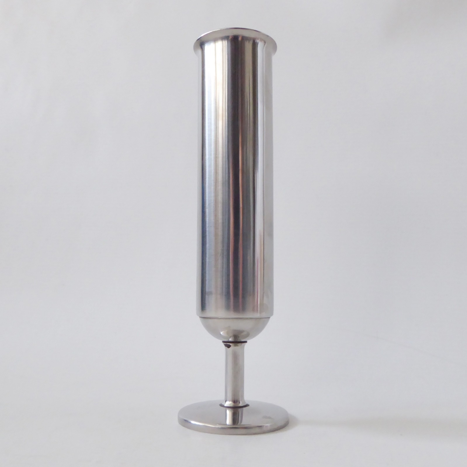Vintage stainless steel cylinder footed vase, modernist retro 1960s 1970s, 19cm - Image 3