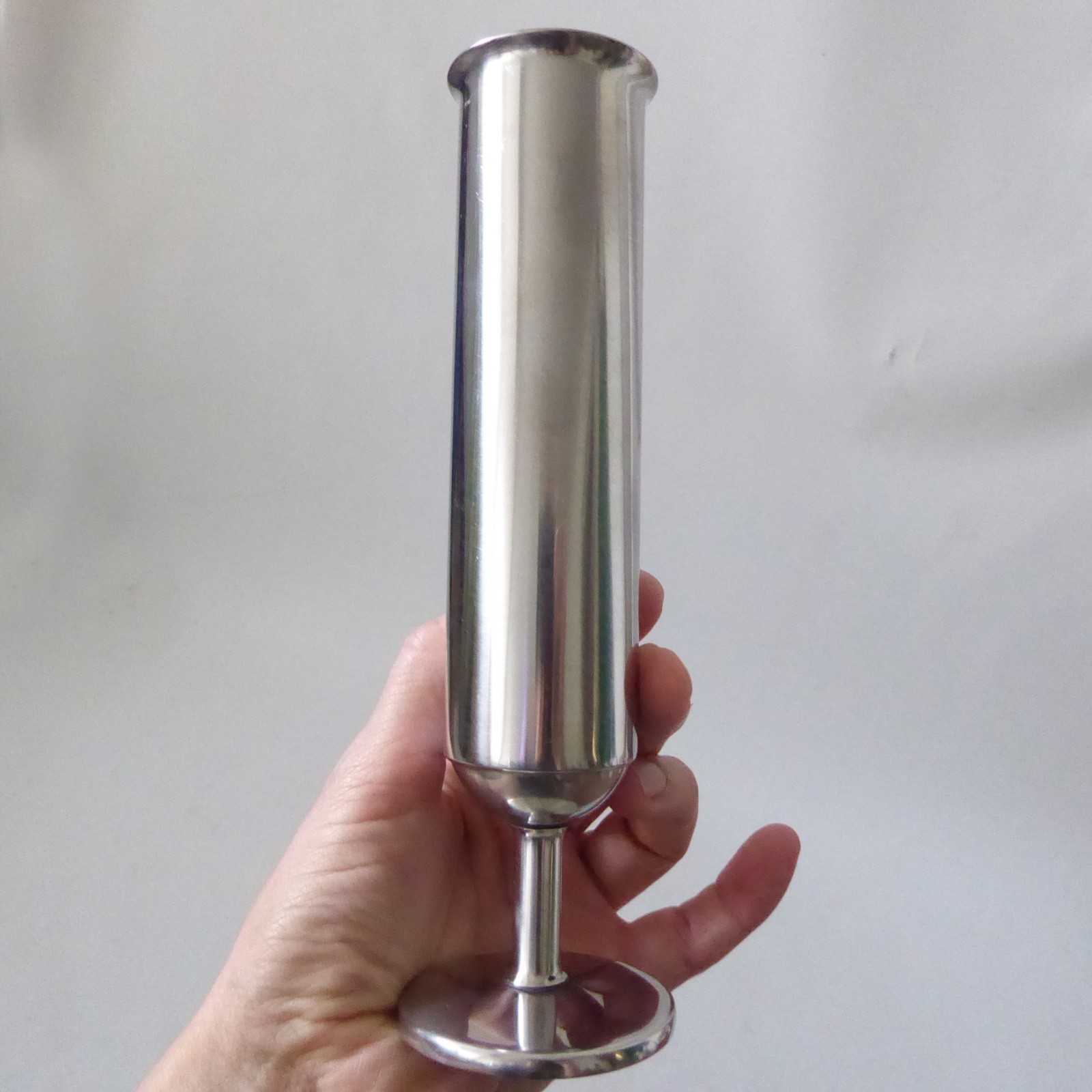 Vintage stainless steel cylinder footed vase, modernist retro 1960s 1970s, 19cm - Image 4