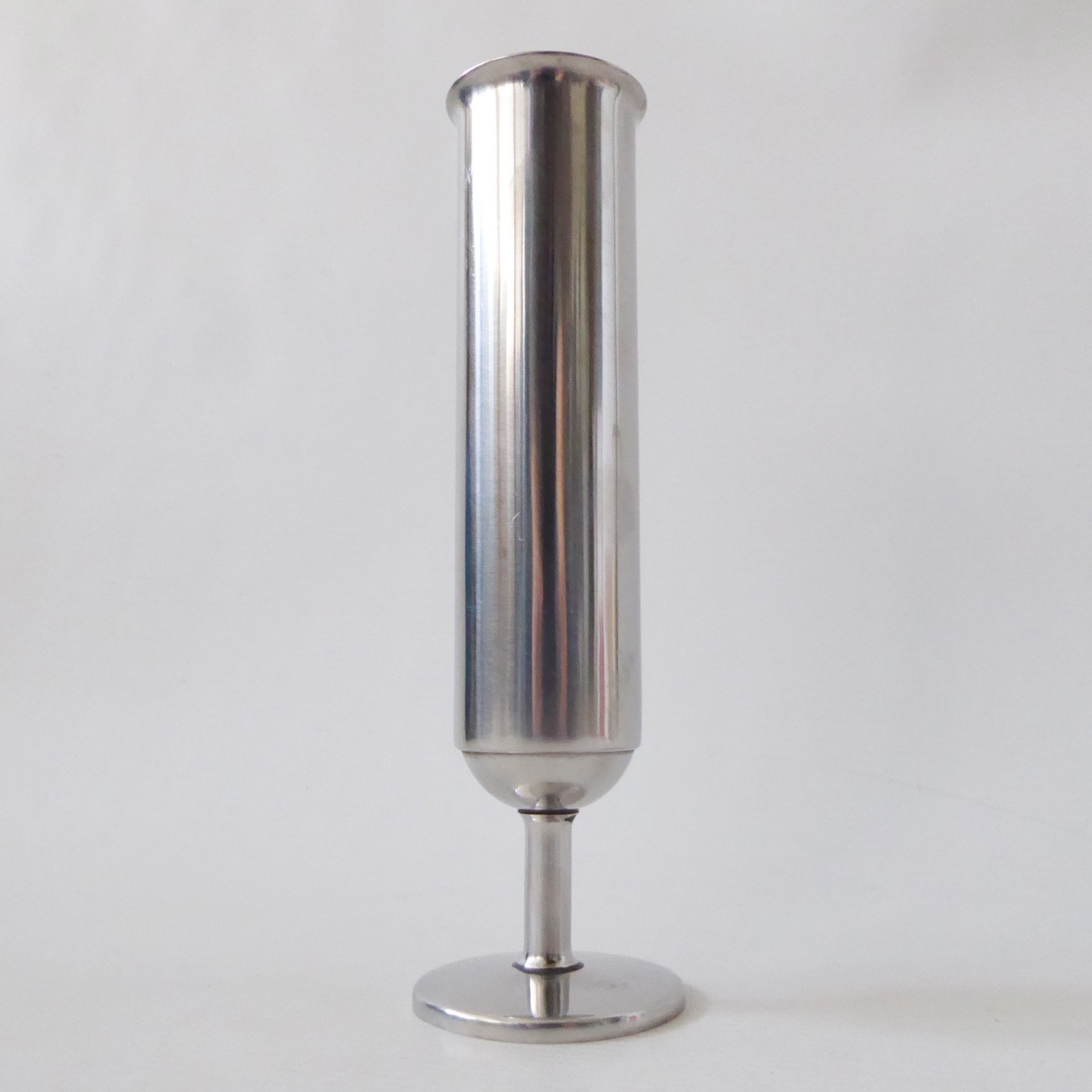 Vintage stainless steel cylinder footed vase, modernist retro 1960s 1970s, 19cm