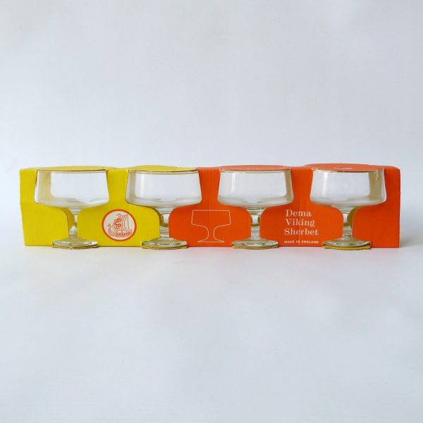 1970s vintage Dema Viking set 4 dessert sherbet ice-cream glasses, boxed retro