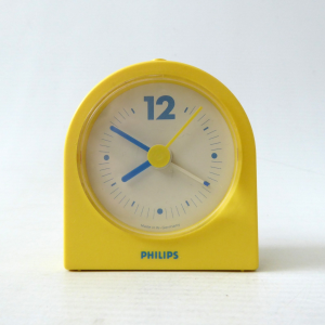 1980s Philips table alarm clock HR5872, yellow & blue, West German retro bedside
