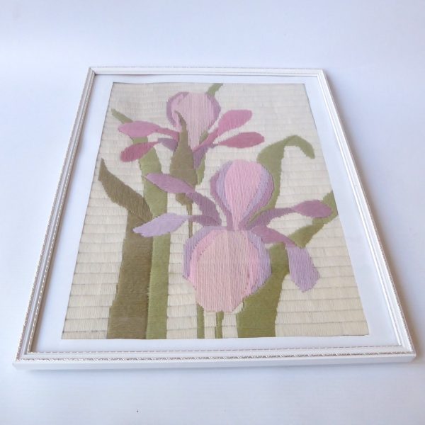1980s vintage embroidery needlepoint picture framed, pink mauve irises flowers - Image 3