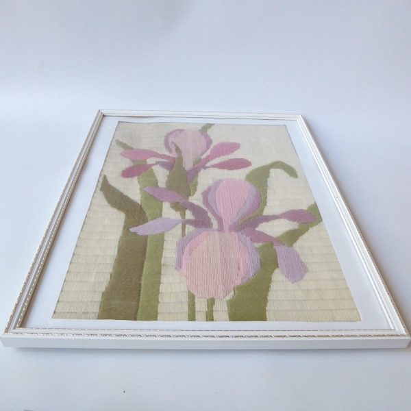 1980s vintage embroidery needlepoint picture framed, pink mauve irises flowers - Image 4
