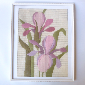 1980s vintage embroidery needlepoint picture framed, pink mauve irises flowers