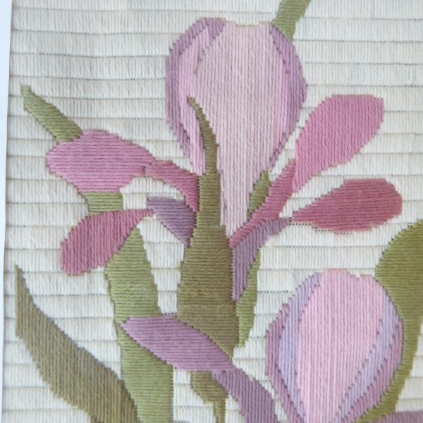 1980s vintage embroidery needlepoint picture framed, pink mauve irises flowers - Image 5