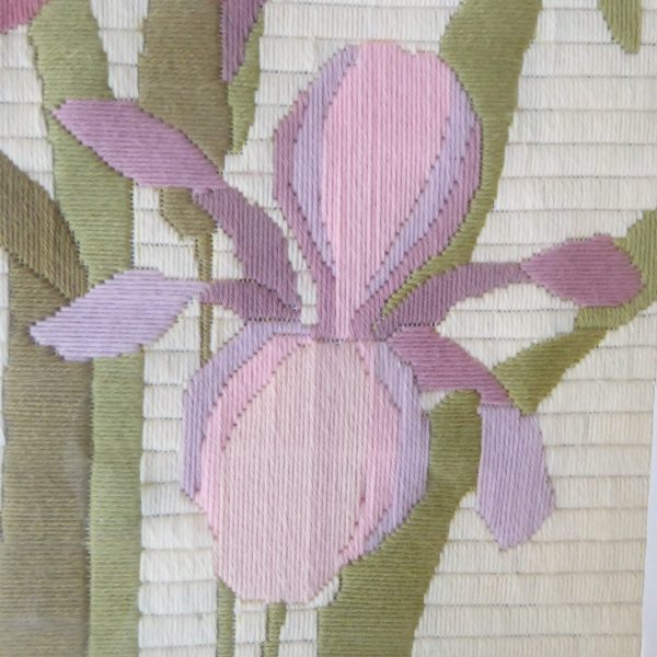 1980s vintage embroidery needlepoint picture framed, pink mauve irises flowers - Image 6
