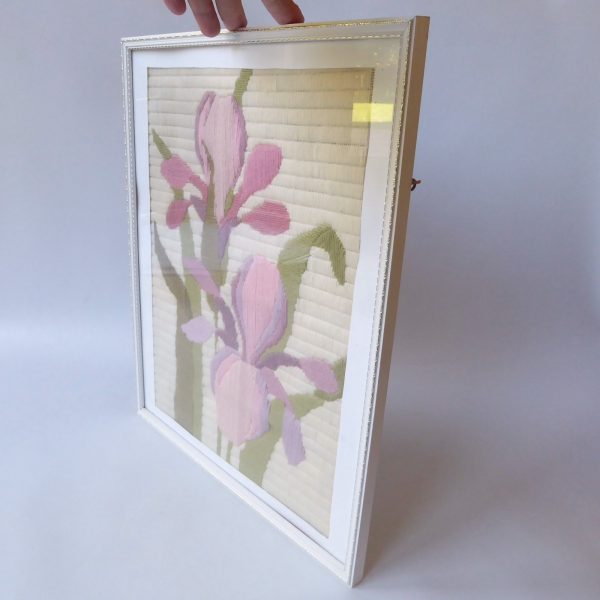 1980s vintage embroidery needlepoint picture framed, pink mauve irises flowers - Image 8