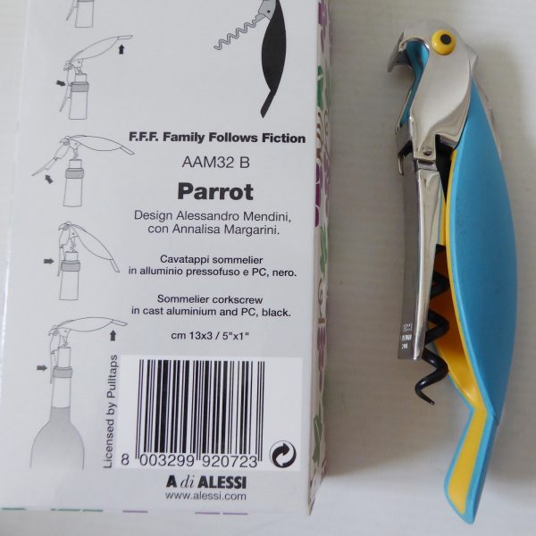 Alessi Parrot sommelier corkscrew, A. Mendini 2005. Blue yellow boxed. Barware - Image 6