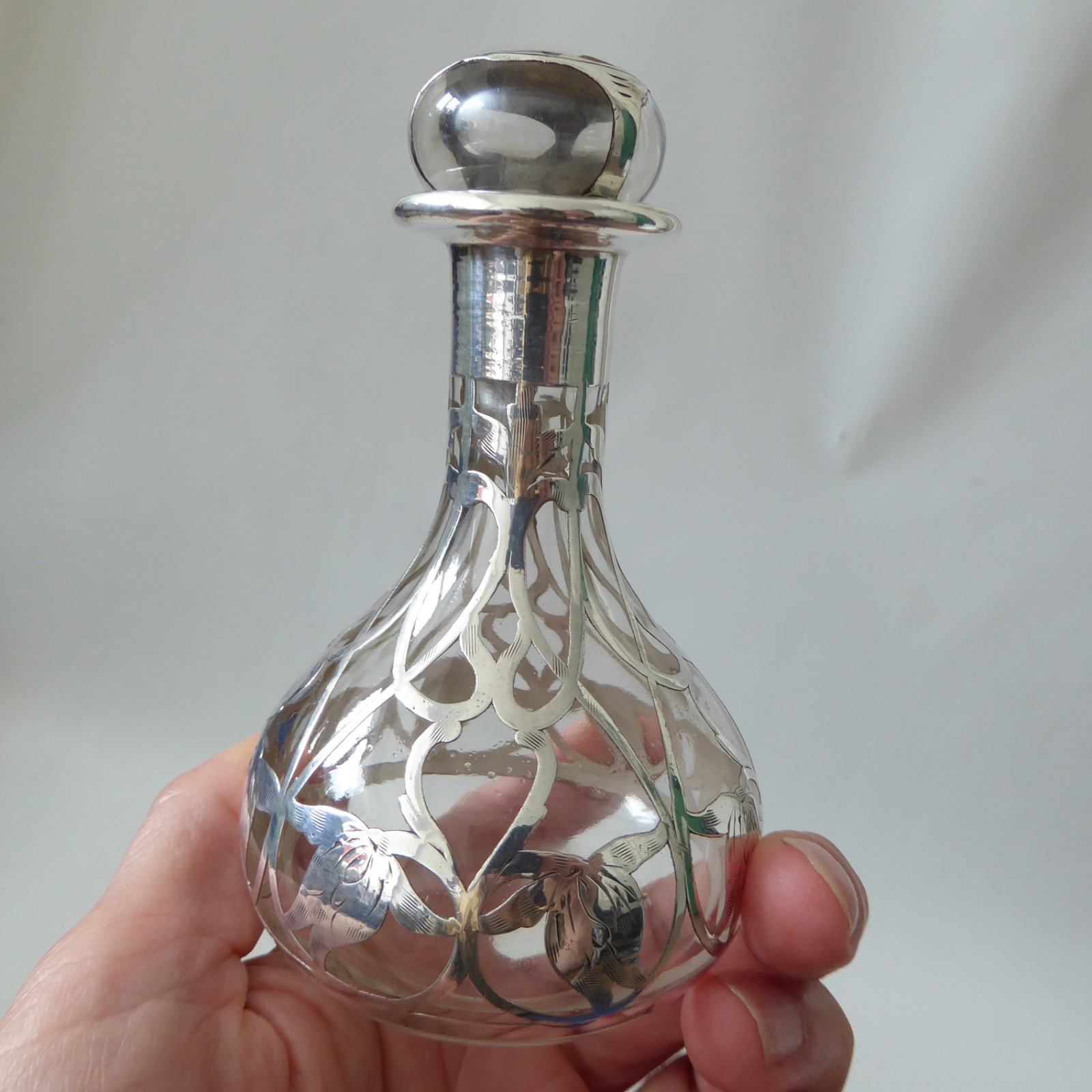 Art Nouveau antique sterling silver overlay glass 2 perfume bottles, vintage - Image 14