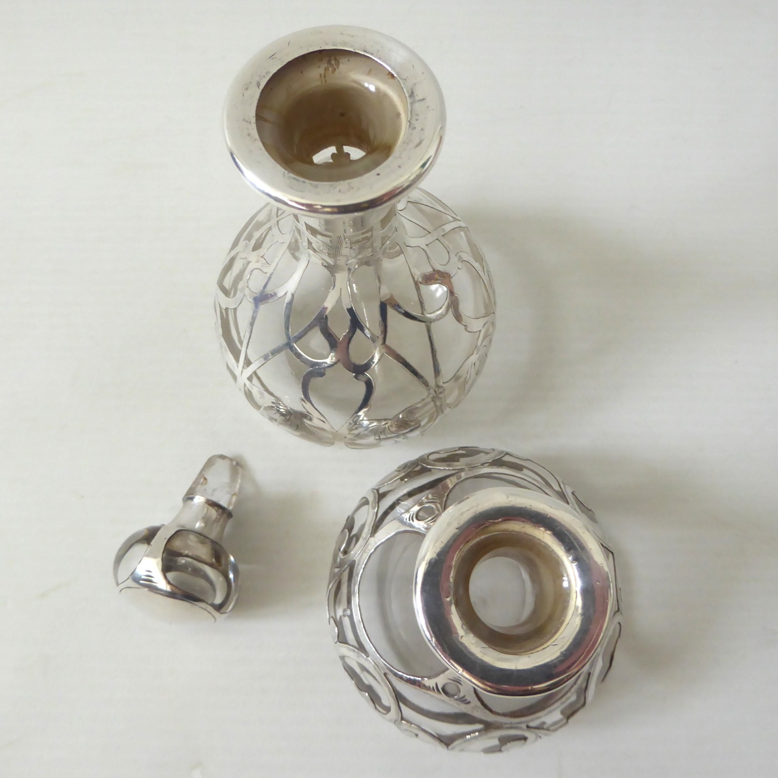 Art Nouveau antique sterling silver overlay glass 2 perfume bottles, vintage - Image 18