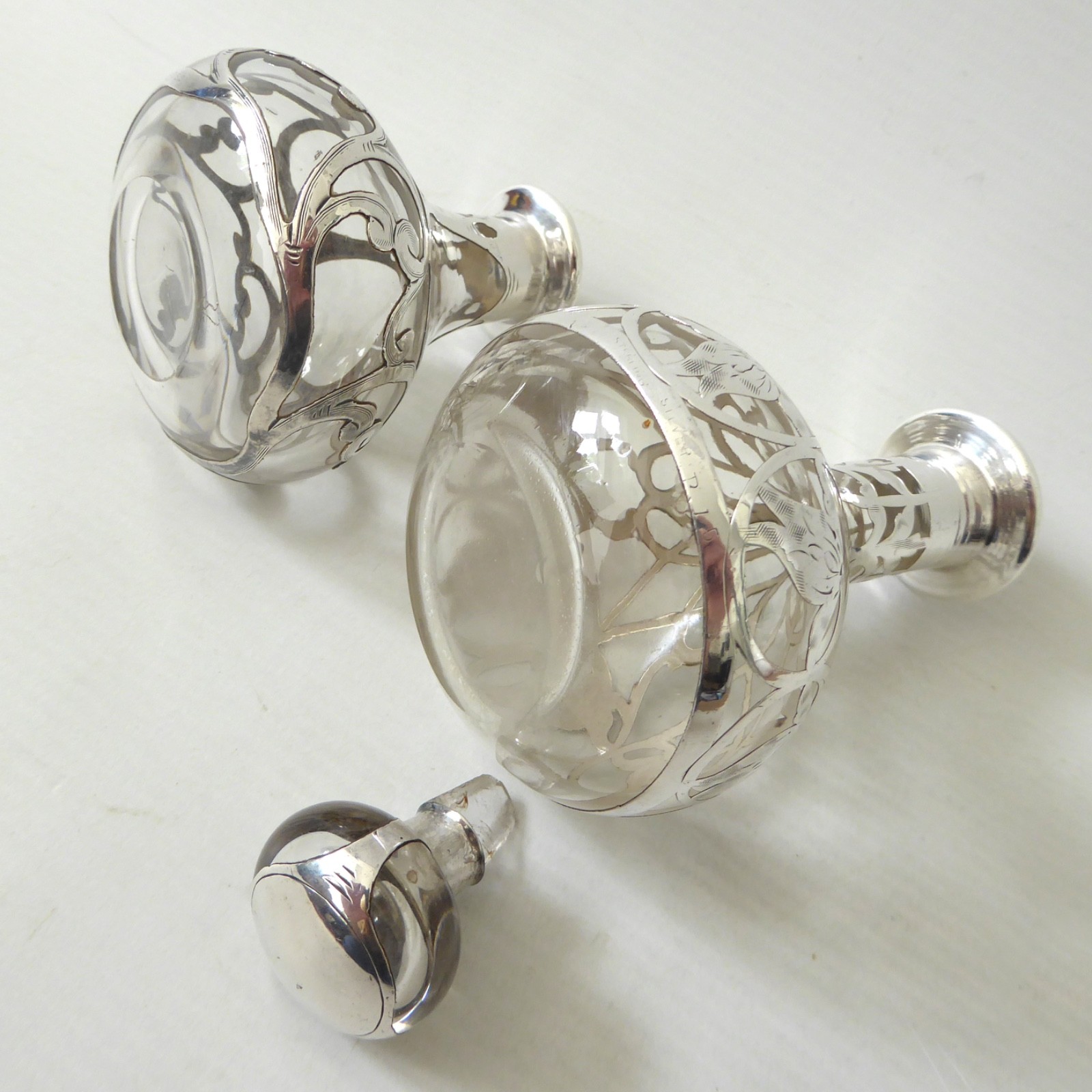 Art Nouveau antique sterling silver overlay glass 2 perfume bottles, vintage - Image 19