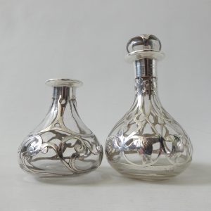 Art Nouveau antique sterling silver overlay glass 2 perfume bottles, vintage