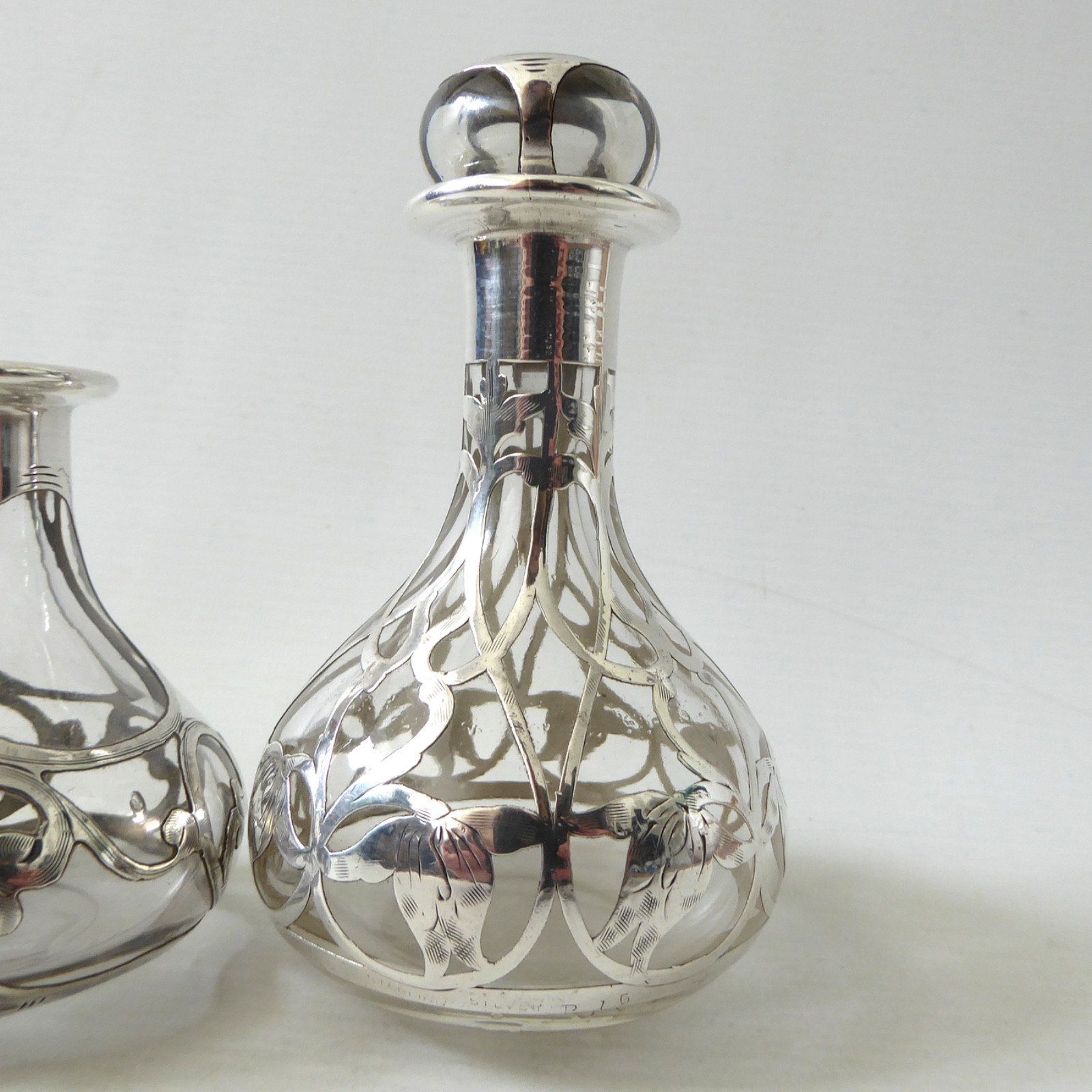 Art Nouveau antique sterling silver overlay glass 2 perfume bottles, vintage - Image 10
