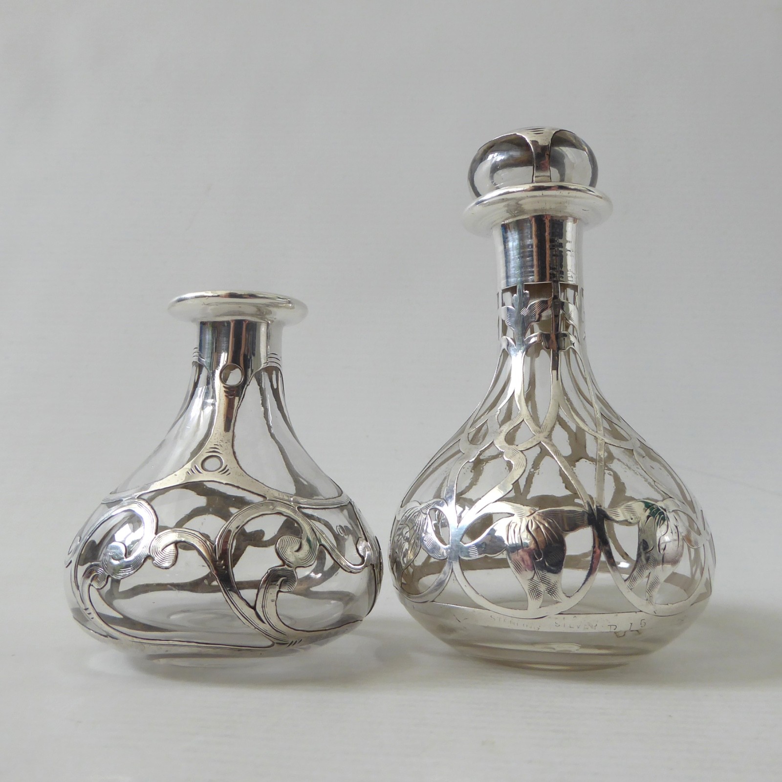 Art Nouveau antique sterling silver overlay glass 2 perfume bottles, vintage