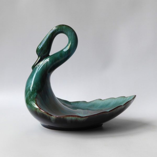 Blue Mountain Pottery Canada vintage ceramic SWAN figurine dish, green black BMP