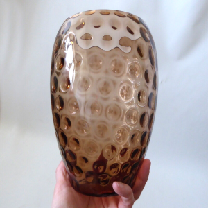 Borske Sklo Czech art glass vase, mid century, optic lens brown retro 1960s