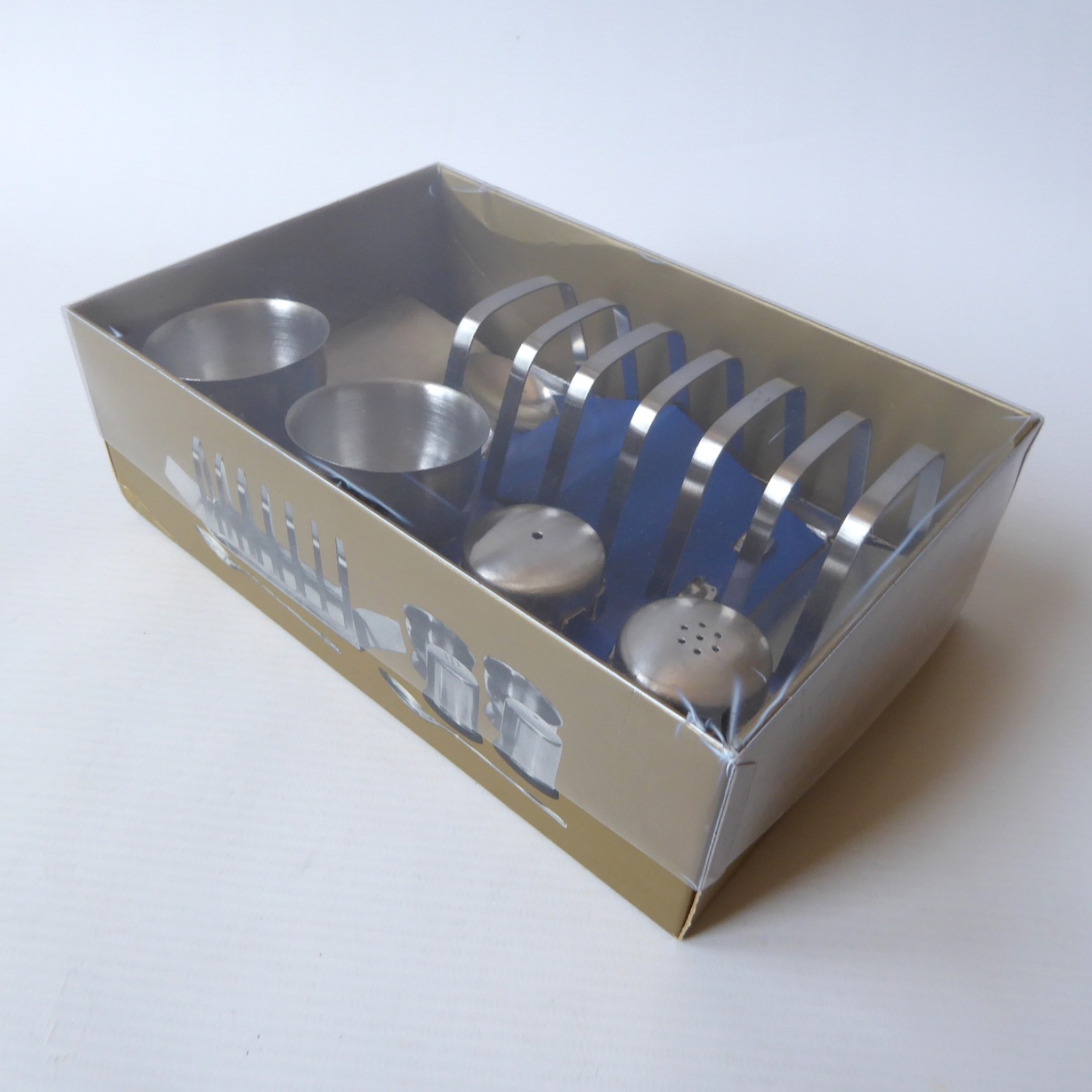 Boxed new 1970s breakfast set, egg cups, toast rack, salt pepper shakers, spoons - Image 11