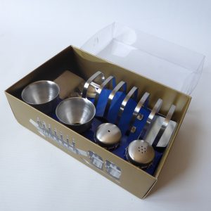 Boxed new 1970s breakfast set, egg cups, toast rack, salt pepper shakers, spoons