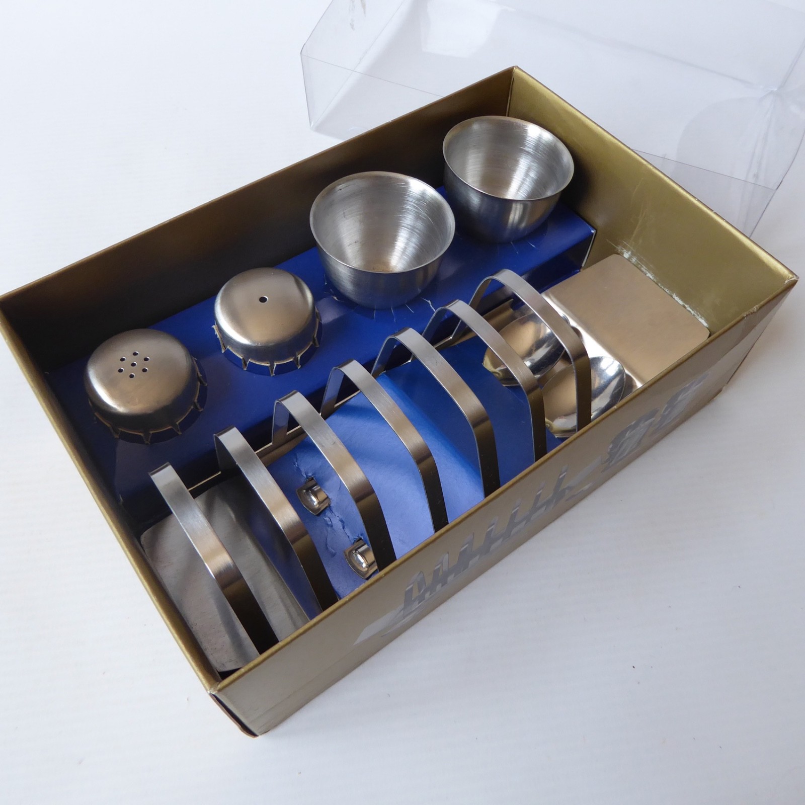 Boxed new 1970s breakfast set, egg cups, toast rack, salt pepper shakers, spoons - Image 7