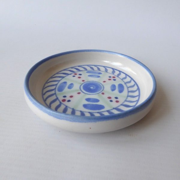 Buchan Portobello Scotland, stoneware round pottery pin dish, blue painted & sig - Image 4