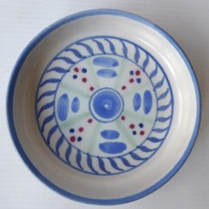Buchan Portobello Scotland, stoneware round pottery pin dish, blue painted & sig