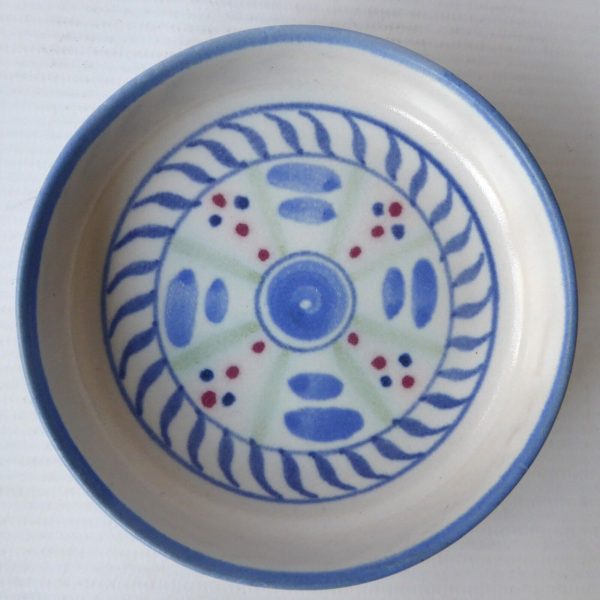 Buchan Portobello Scotland, stoneware round pottery pin dish, blue painted & sig