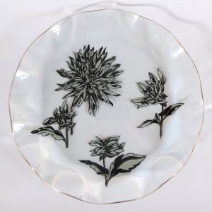 Chance Glass Silhouette Black & white floral 8" fluted plate Vintage Flowers '67