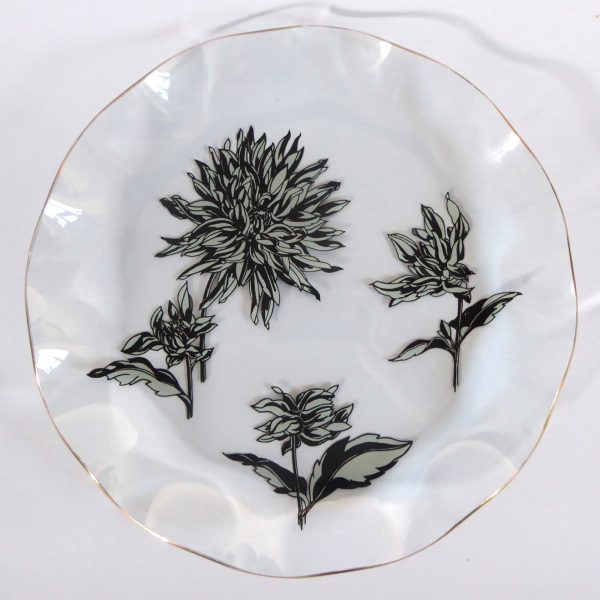 Chance Glass Silhouette Black & white floral 8" fluted plate Vintage Flowers '67