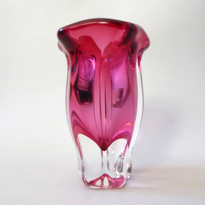 Chribska Josef Hospodka, Czech art glass cranberry pink vase. Vintage Bohemian