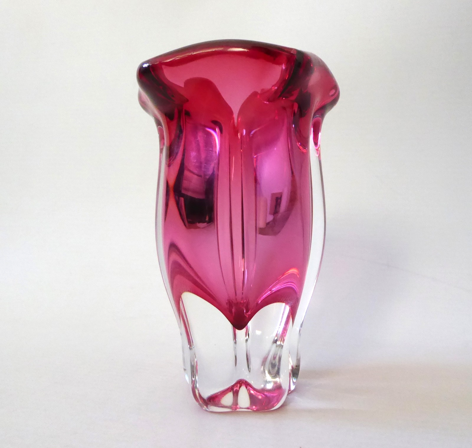 Chribska Josef Hospodka, Czech art glass cranberry pink vase. Vintage Bohemian