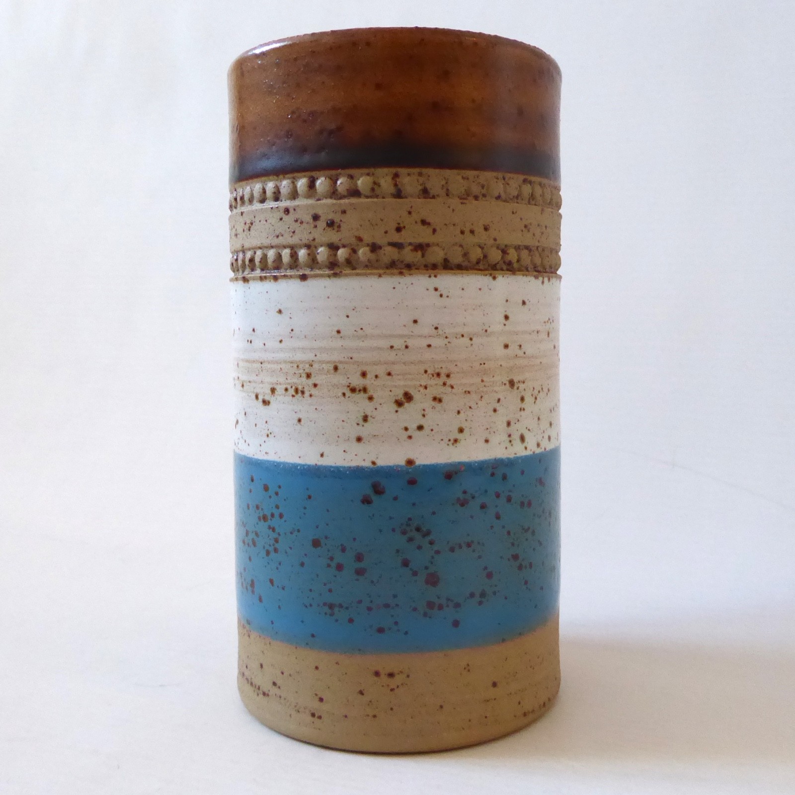 Denby Potter's Wheel vintage stoneware vase, pottery cylinder blue stripe. 1970s - Image 2