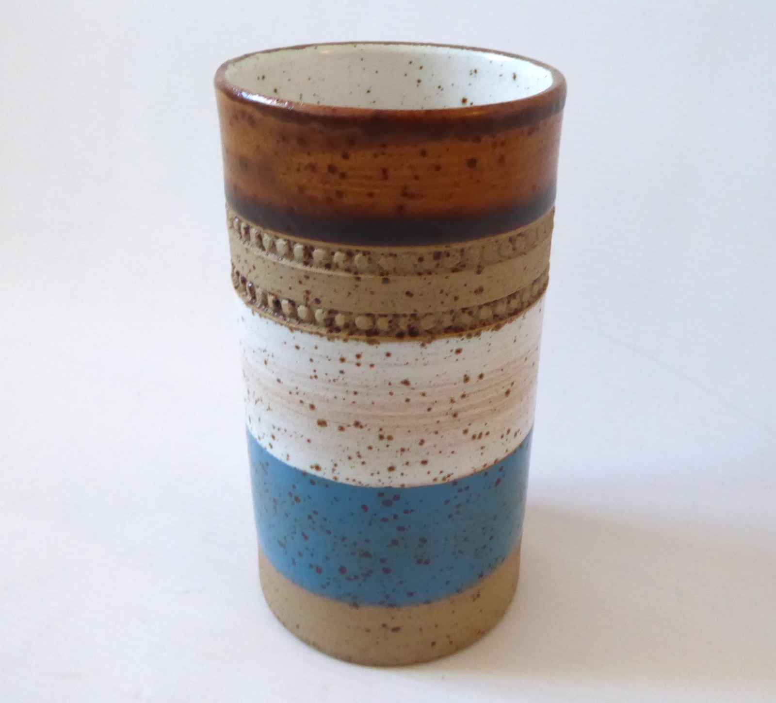 Denby Potter's Wheel vintage stoneware vase, pottery cylinder blue stripe. 1970s - Image 3