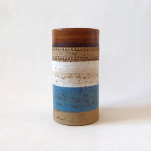 Denby Potter's Wheel vintage stoneware vase, pottery cylinder blue stripe. 1970s