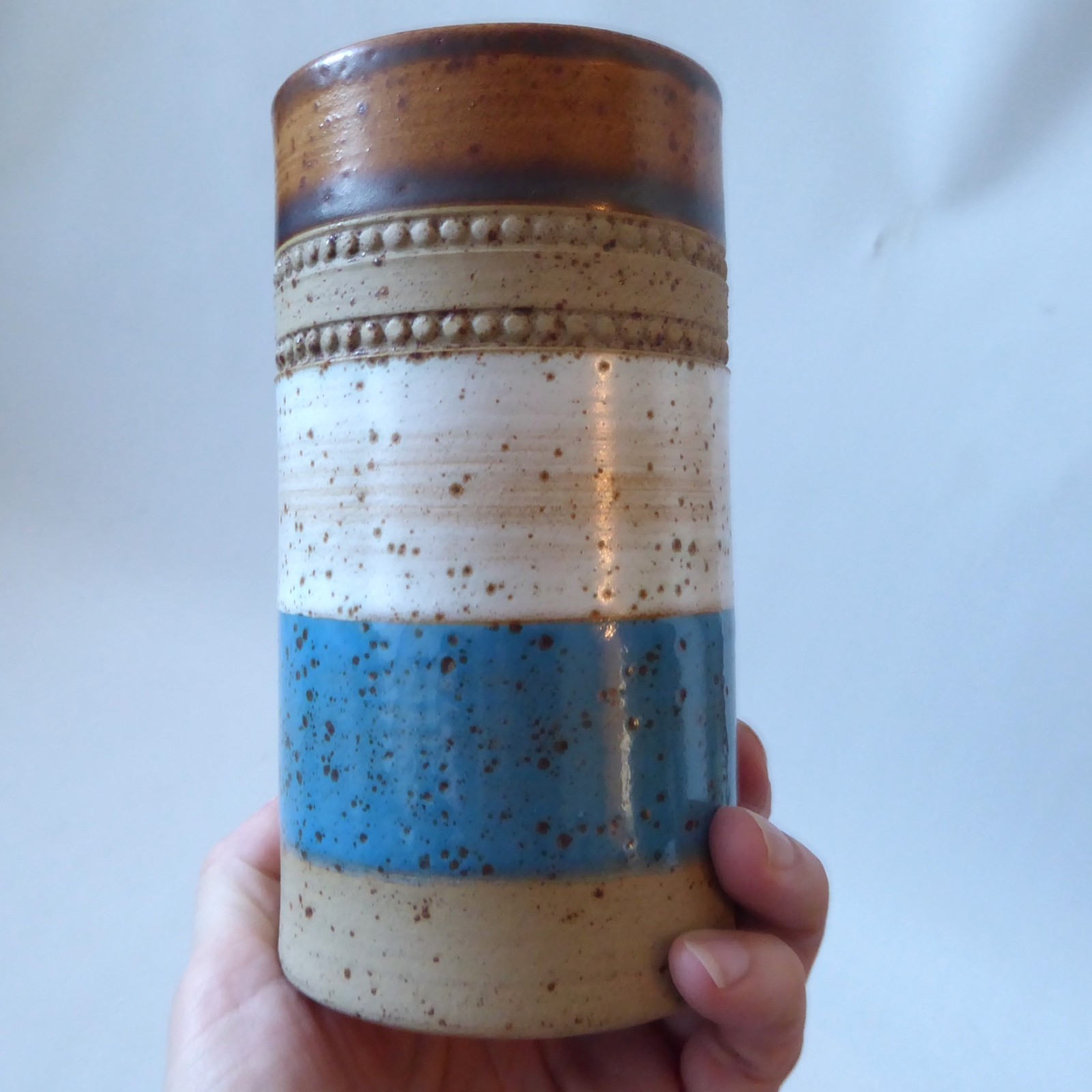 Denby Potter's Wheel vintage stoneware vase, pottery cylinder blue stripe. 1970s - Image 8