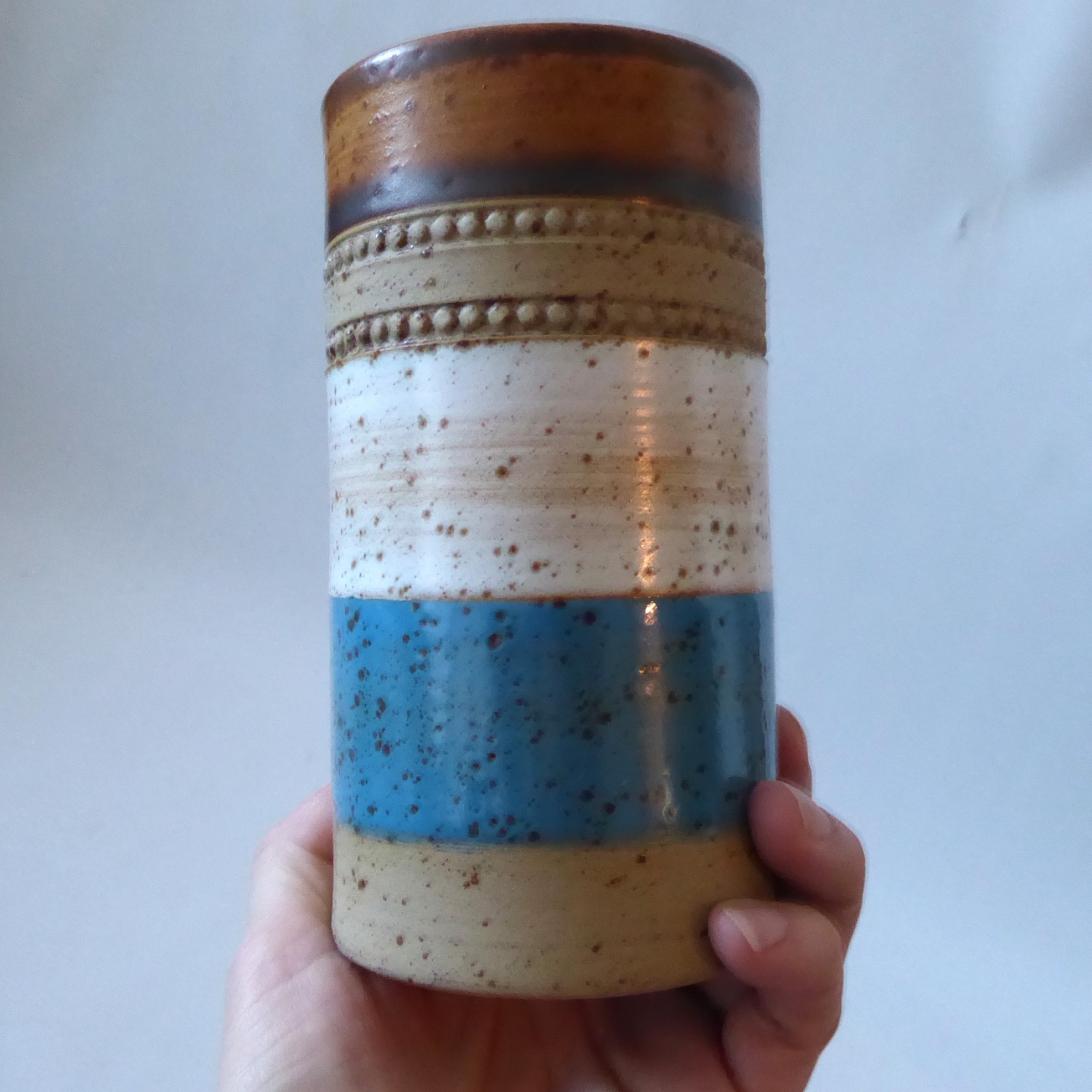 Denby Potter's Wheel vintage stoneware vase, pottery cylinder blue stripe. 1970s - Image 9