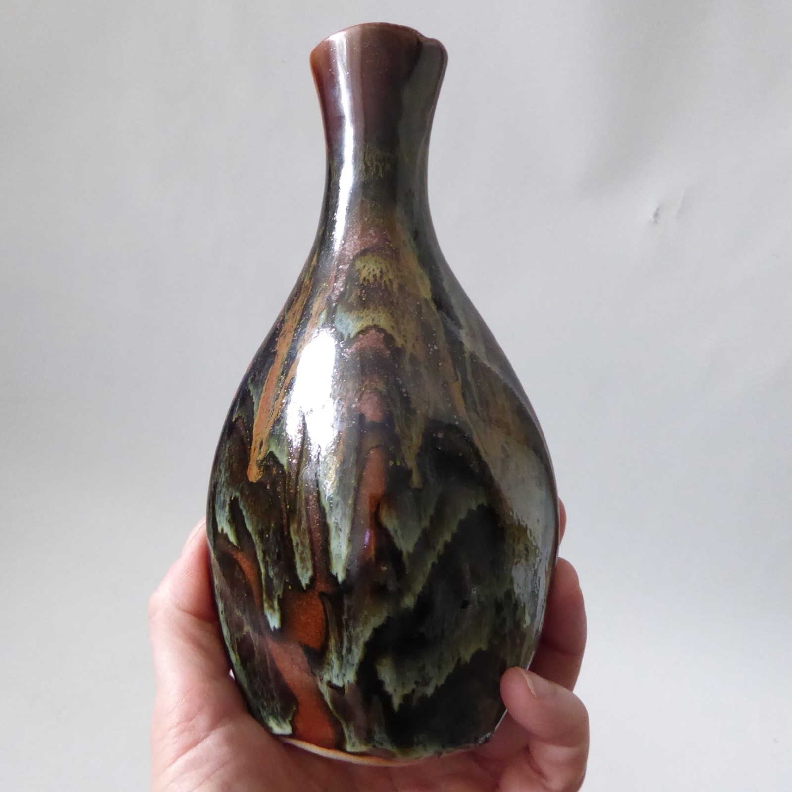 Glazed vintage art pottery vase, studio. Black brown green drip, flat oval vase - Image 12
