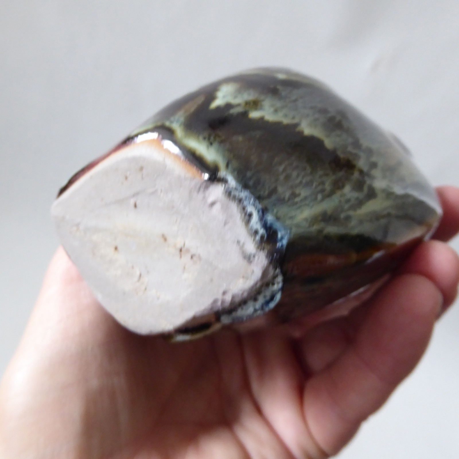 Glazed vintage art pottery vase, studio. Black brown green drip, flat oval vase - Image 13