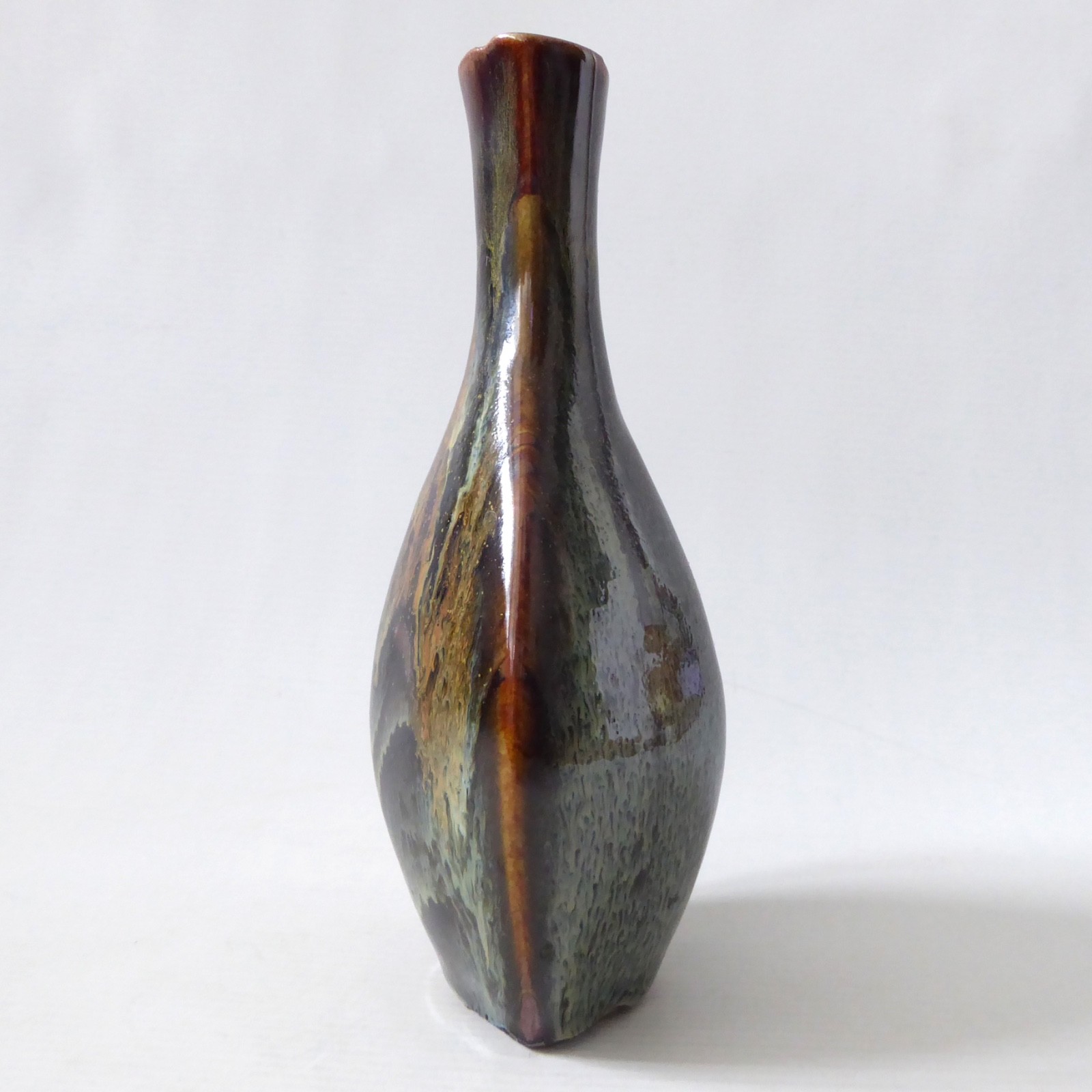 Glazed vintage art pottery vase, studio. Black brown green drip, flat oval vase - Image 6