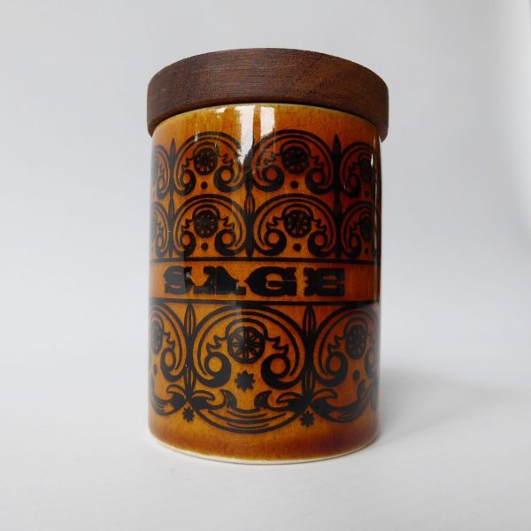 Hornsea Pottery C Scroll vintage Sage herb jar container pot. 1960s brown short